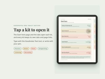 Goodnotes edition on a tablet: the collection's Start here page with a door for each of the six kits, and a tab for each kit down the right side.