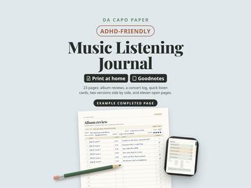 Included: the music listening journal, with an example completed album review page and the journal on a tablet.