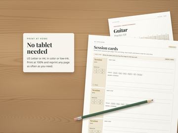 Printed session cards page on a wooden desk with a pencil, the cover underneath. No tablet needed: print at home on US Letter or A4, in color or low-ink.