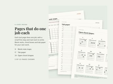Three blank pages from the guitar kit: blank note maps, tab paper and open chord shapes.