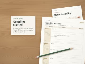 Printed recording sessions page on a wooden desk with a pencil, the cover underneath. No tablet needed: print at home on US Letter or A4, in color or low-ink.