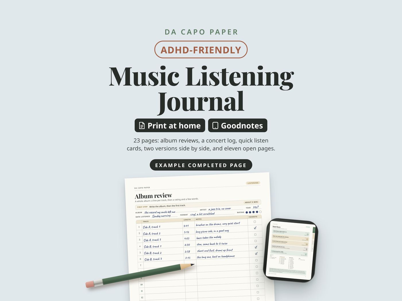 Da Capo Paper ADHD-friendly music listening journal, a printable and Goodnotes PDF: an example completed album review page with a rating, and the journal on a tablet.