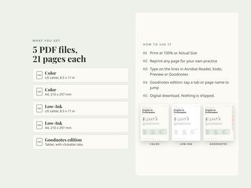 The five PDF files included: Color and Low-Ink in US Letter and A4, plus a Goodnotes tablet edition with clickable tabs.