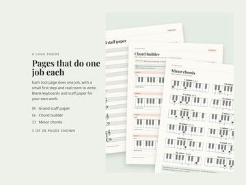 Three blank pages from the piano kit: grand staff paper, chord builder and minor chords.