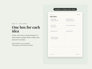 Example completed idea inbox page with handwritten ideas: a title, lyric lines, a chord progression and a voice memo number.