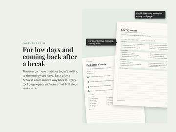 Energy menu and Back after a break pages: pick what to work on by how much energy you have, and a five-minute way back in after time away.